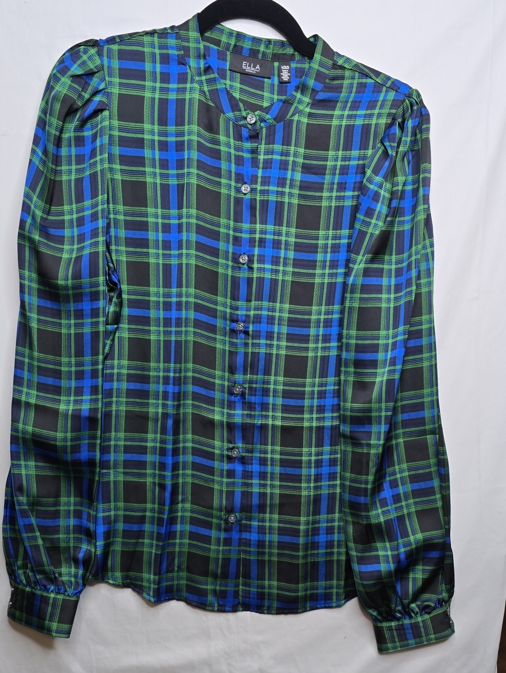 Rafaela Ella Green Blue Plaid ButtonDown Silky Long Sleeve Shirt Office Profess